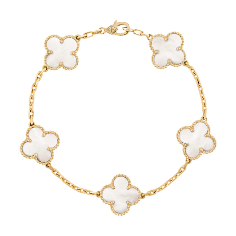 CLOVER 5 MOTIFS WHITE MOTHER OF PEARL 18KT GOLD