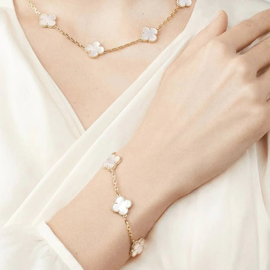 CLOVER 5 MOTIFS WHITE MOTHER OF PEARL 18KT GOLD